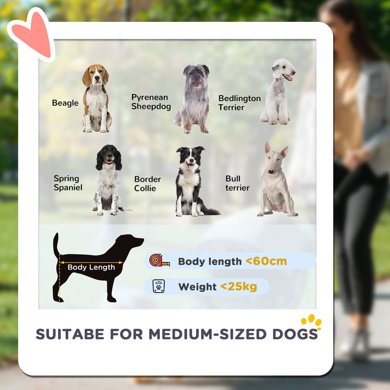 Suitable dog breeds and size chart: body length under 60 cm, weight under 25 kg