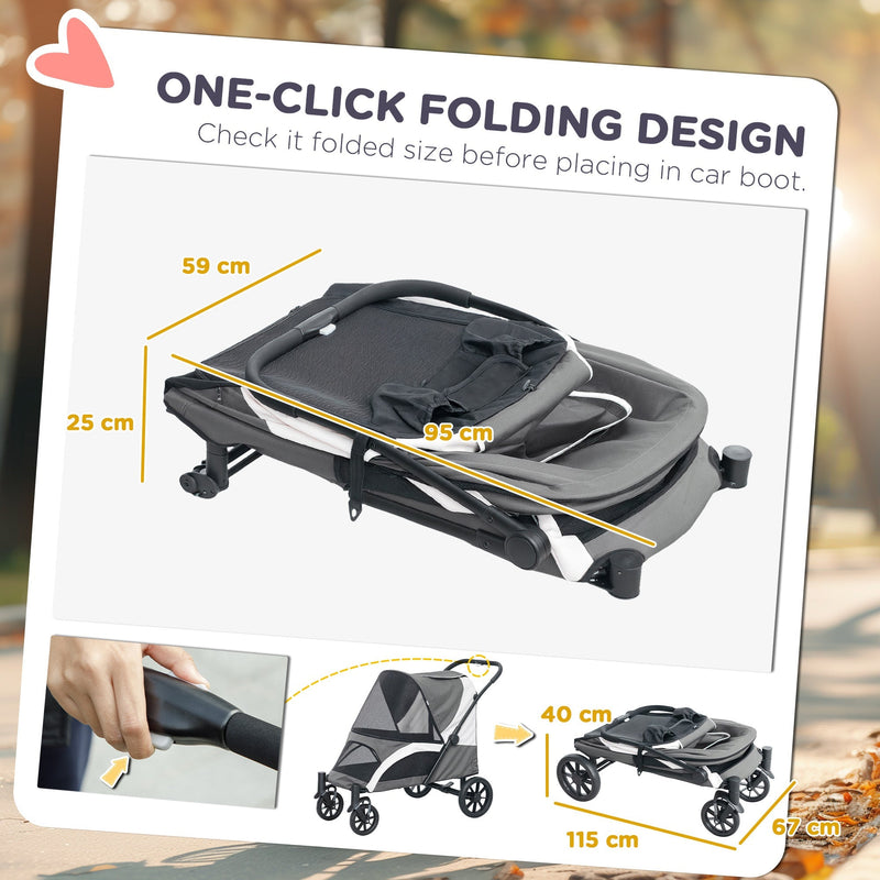 One-click folding diagram showing folded dimensions with and without wheels