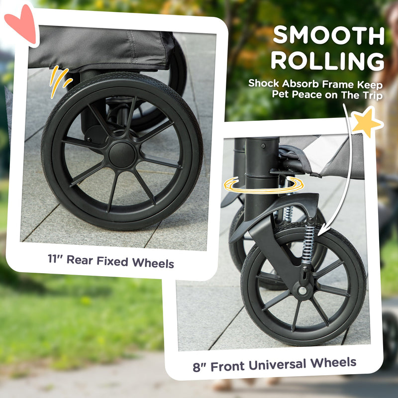 Close-up of the stroller's front and rear wheels