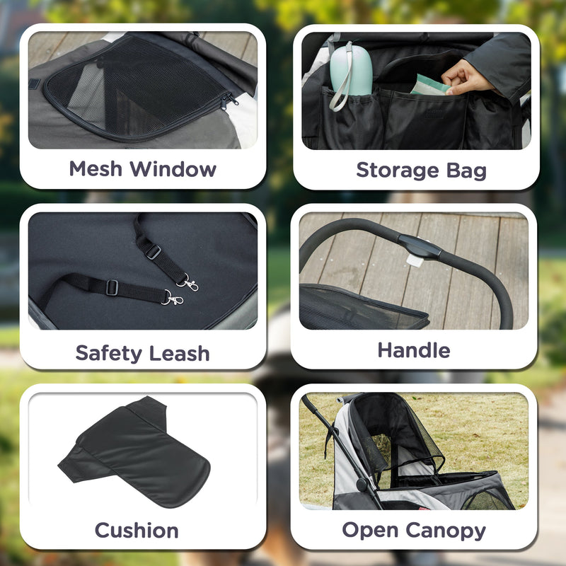 Feature panel showing mesh window, storage bag, safety leash, handle and cushion