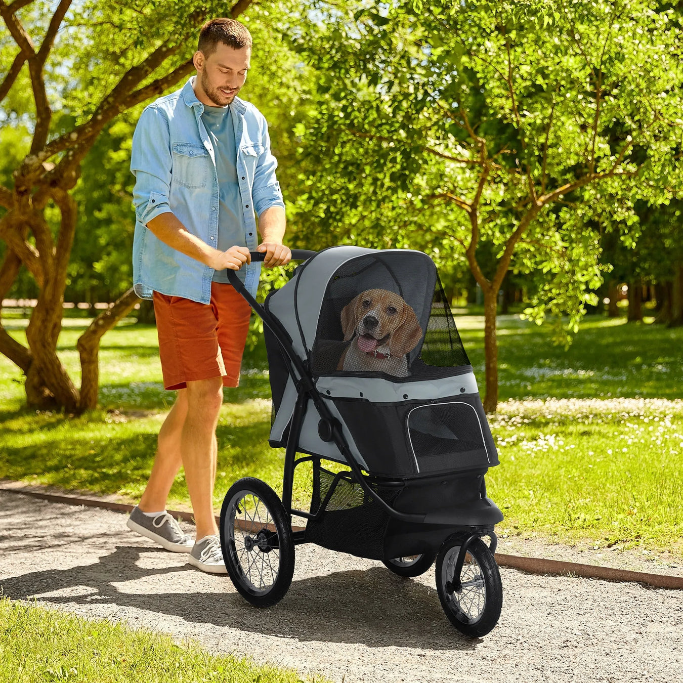 Man pushing a pet stroller with a dog in it through a park.