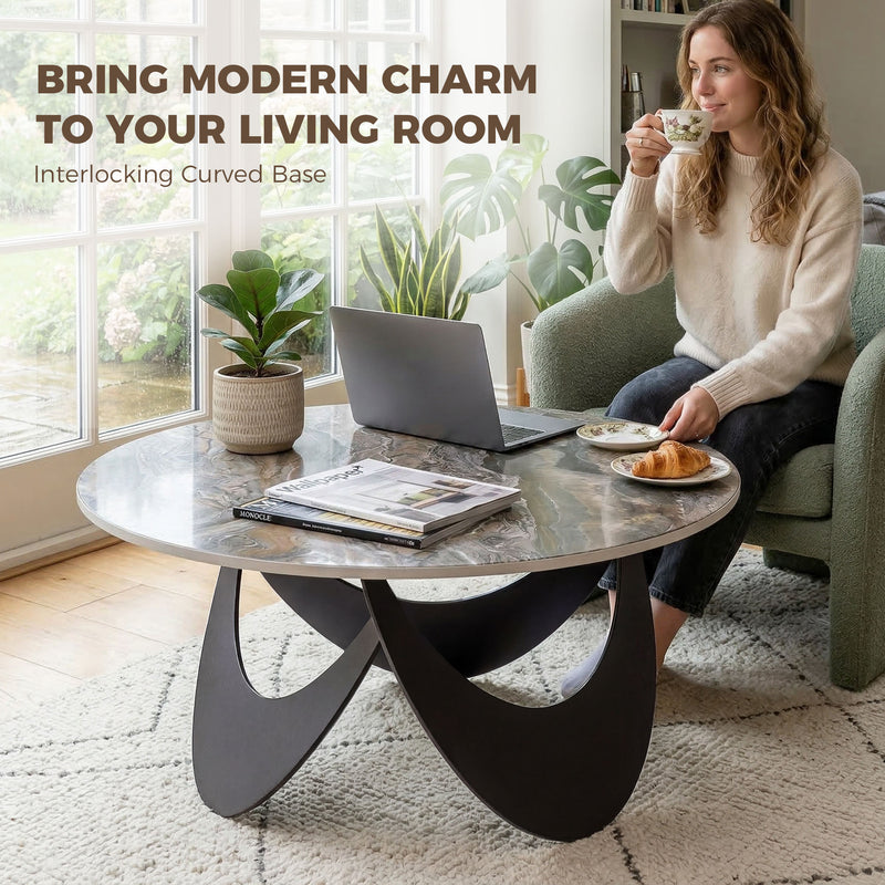 Round Coffee Table with Heat Resistant Sintered Stone Marble Effect Easy Clean Top for Living Room Brown & Black
