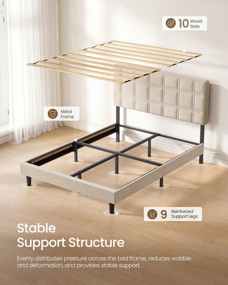 Wood slat panel lifted clear of the bed to reveal the black metal frame and support legs