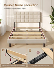 Bed base with slats marked to show hook-and-loop fasteners and noise-reducing foam pads