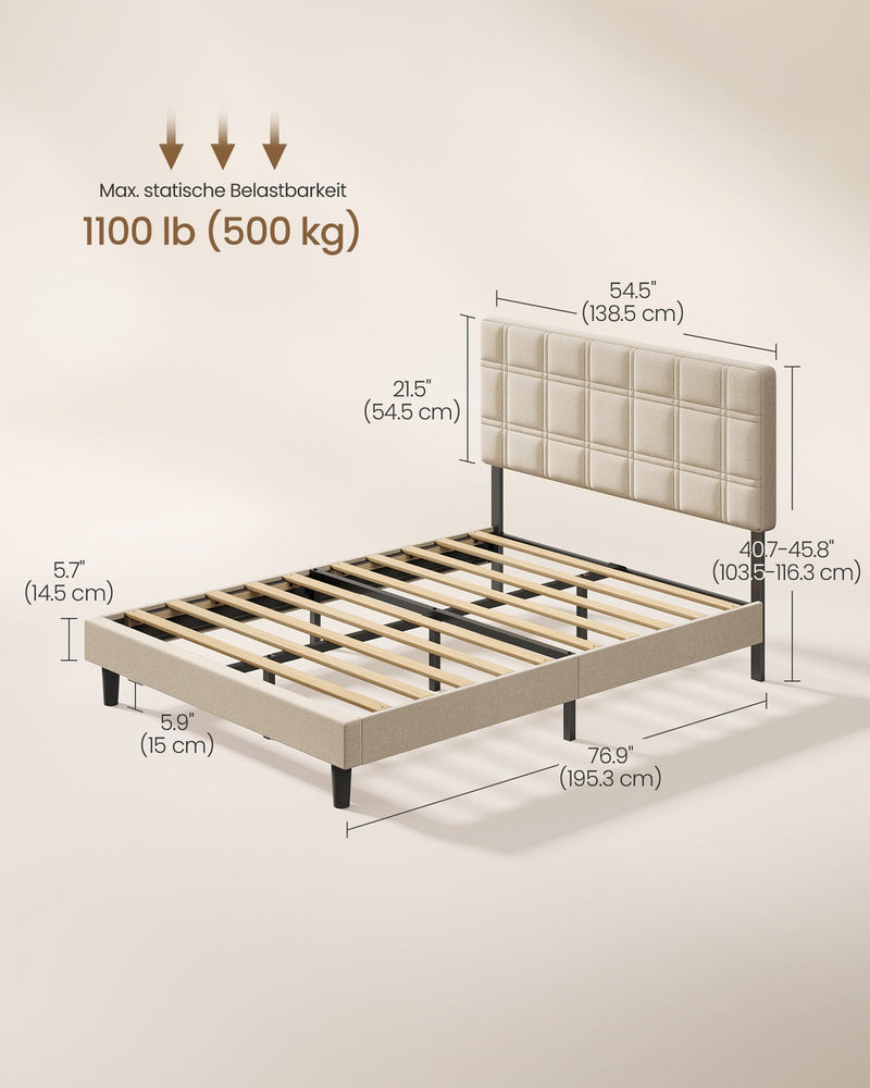 Dimension diagram of the double bed marked 195.3 by 138.5 cm with a 500 kg load rating