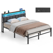 Vasagle double metal bed frame in ink black with grey upholstered headboard and a close-up of its 2 plug sockets and USB ports