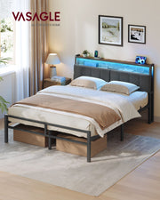 Double bed frame with blue LED headboard lighting styled in a bedroom with woven storage baskets underneath