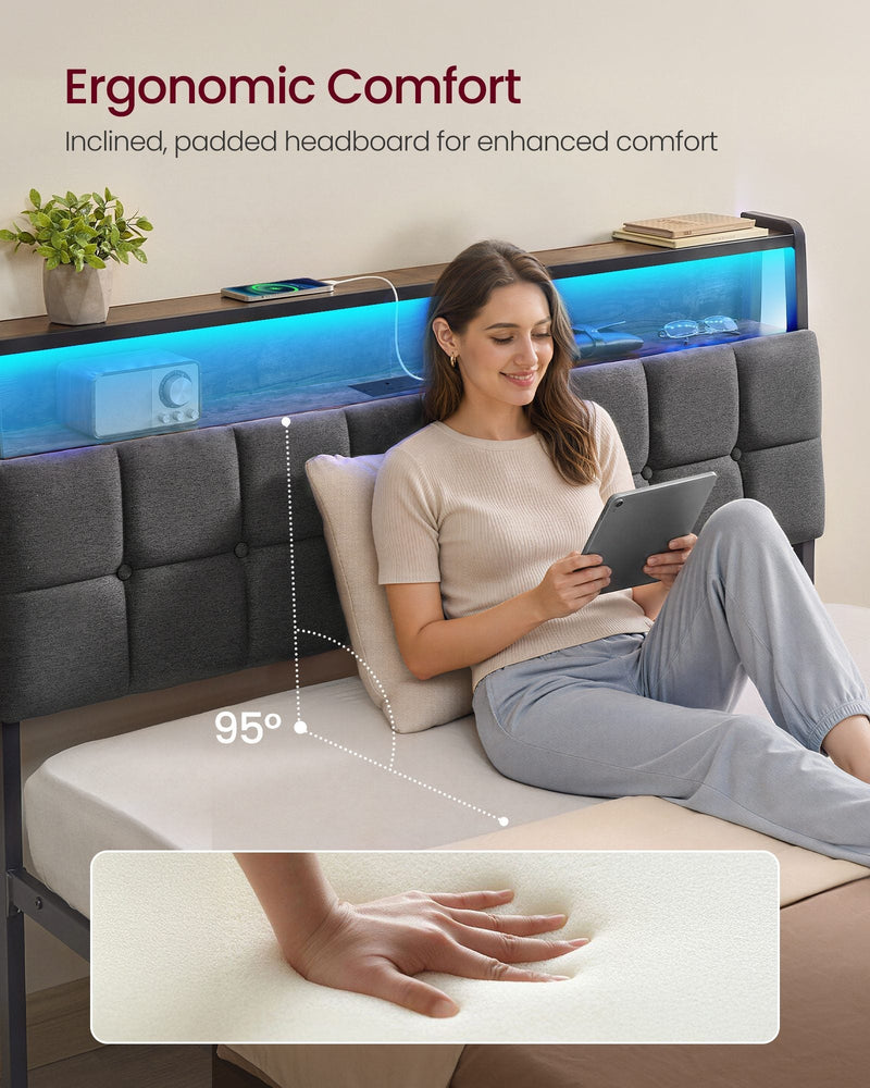 Woman sitting up in bed against the 95 degree padded headboard, with a close-up of the cushioned panel