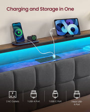 Headboard shelf charging a phone and tablet, labelled 2 AC outlets, 1 USB-A port, 1 USB-C port and 1 rear USB-A port