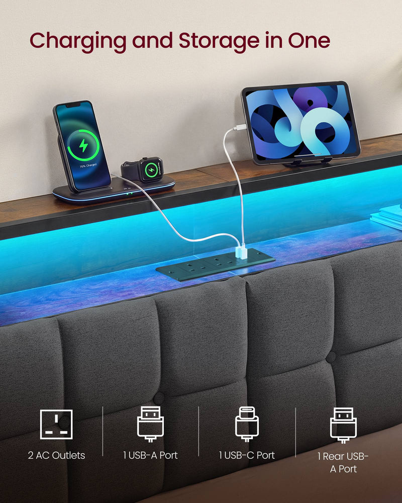 Headboard shelf charging a phone and tablet, labelled 2 AC outlets, 1 USB-A port, 1 USB-C port and 1 rear USB-A port
