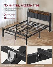 Bare metal bed frame without a mattress showing 9 sturdy legs and 11 dense steel slats