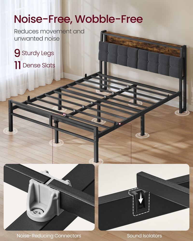 Bare metal bed frame without a mattress showing 9 sturdy legs and 11 dense steel slats