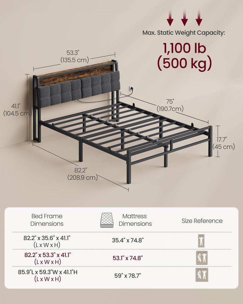 Dimensions diagram of the double bed frame at 208.9 x 135.5 x 104.5 cm with a 500 kg weight capacity