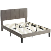 Grey double bed frame with padded velvet-feel headboard, wooden slats and dark legs on a white background