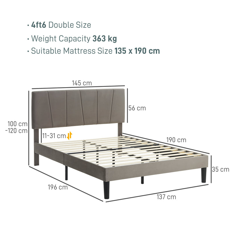 Dimensions diagram of the double bed frame with 145 cm width, 196 cm length, 56 cm headboard and 100-120 cm overall height