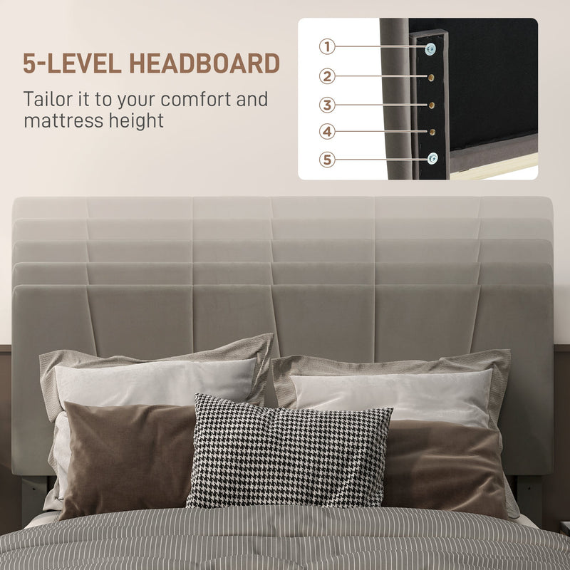 Five-level headboard panel with a side diagram of the adjustment positions and a headboard behind pillows