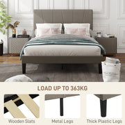 Made bed with a load capacity of 363 kg and close-ups of the wooden slats, metal legs and thick plastic leg caps
