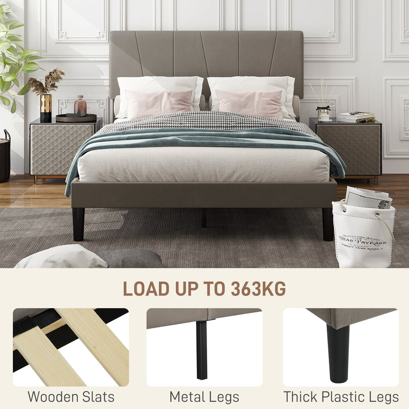 Made bed with a load capacity of 363 kg and close-ups of the wooden slats, metal legs and thick plastic leg caps