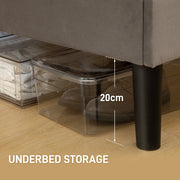 Under-bed storage shot showing 20 cm clearance beneath the frame with clear storage boxes