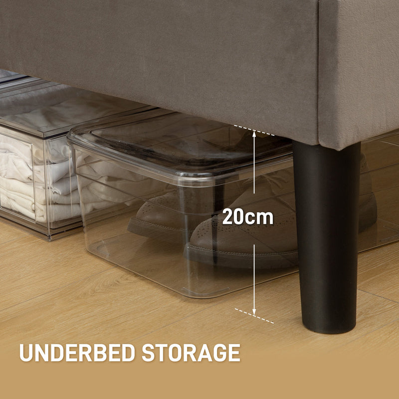 Under-bed storage shot showing 20 cm clearance beneath the frame with clear storage boxes