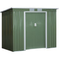 Green 7x4ft metal garden shed with white trim, closed double sliding doors and two vents above them