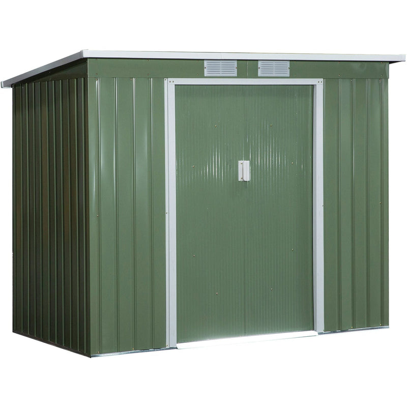 Green 7x4ft metal garden shed with white trim, closed double sliding doors and two vents above them