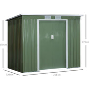 Dimension diagram of the green shed: 213cm wide, 130cm deep, 173cm at the tallest point and 159cm at the lower eave