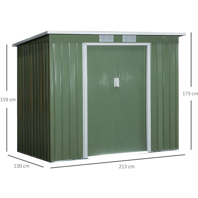 Dimension diagram of the green shed: 213cm wide, 130cm deep, 173cm at the tallest point and 159cm at the lower eave