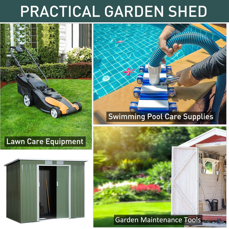 Uses panel showing the shed holding lawn care equipment, swimming pool care supplies and garden maintenance tools