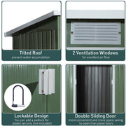 Feature panel showing the tilted roof, two louvred vents, padlock-ready handles and the double sliding doors