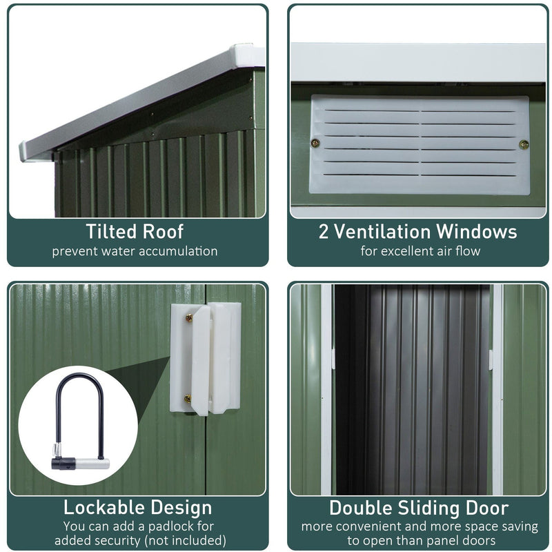 Feature panel showing the tilted roof, two louvred vents, padlock-ready handles and the double sliding doors