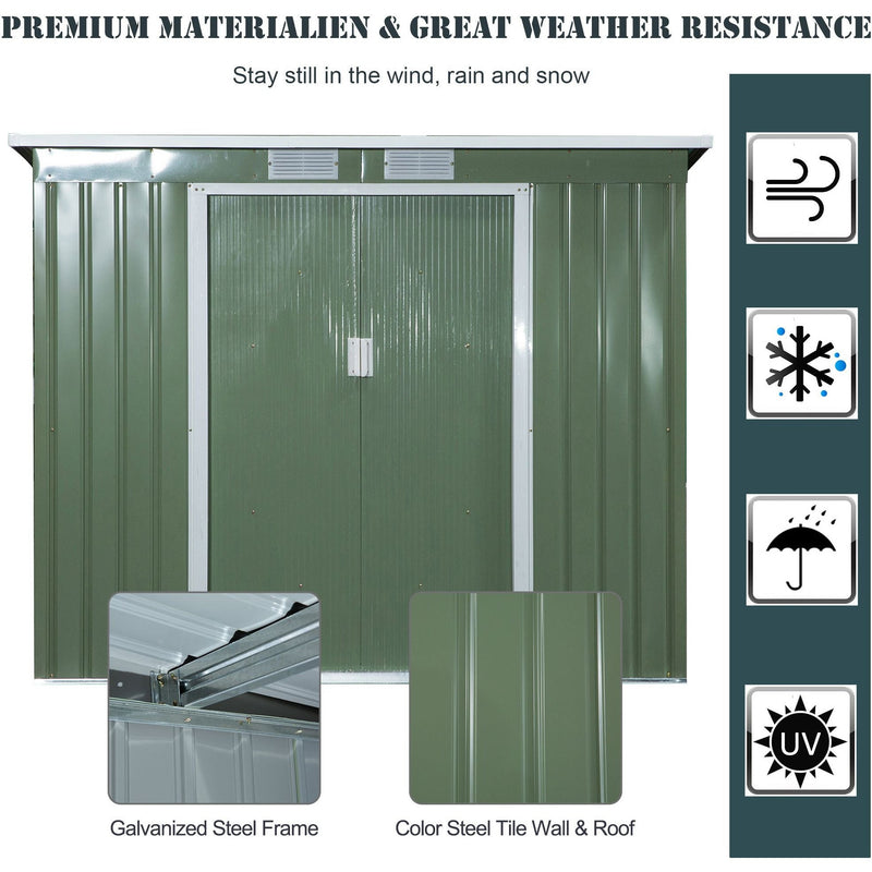 Weather resistance panel with wind, snow, rain and UV icons beside the galvanised steel frame and colour steel wall and roof