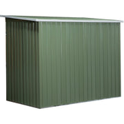 Rear three-quarter view of the green metal shed showing the plain back panels and the slope of the pent roof