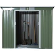 One door slid open showing spades and a rake inside and the galvanised steel foundation frame across the base