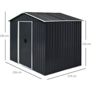 Dimension diagram of the dark grey shed marked 236cm wide, 174cm deep, 190cm high and 156cm at the eaves