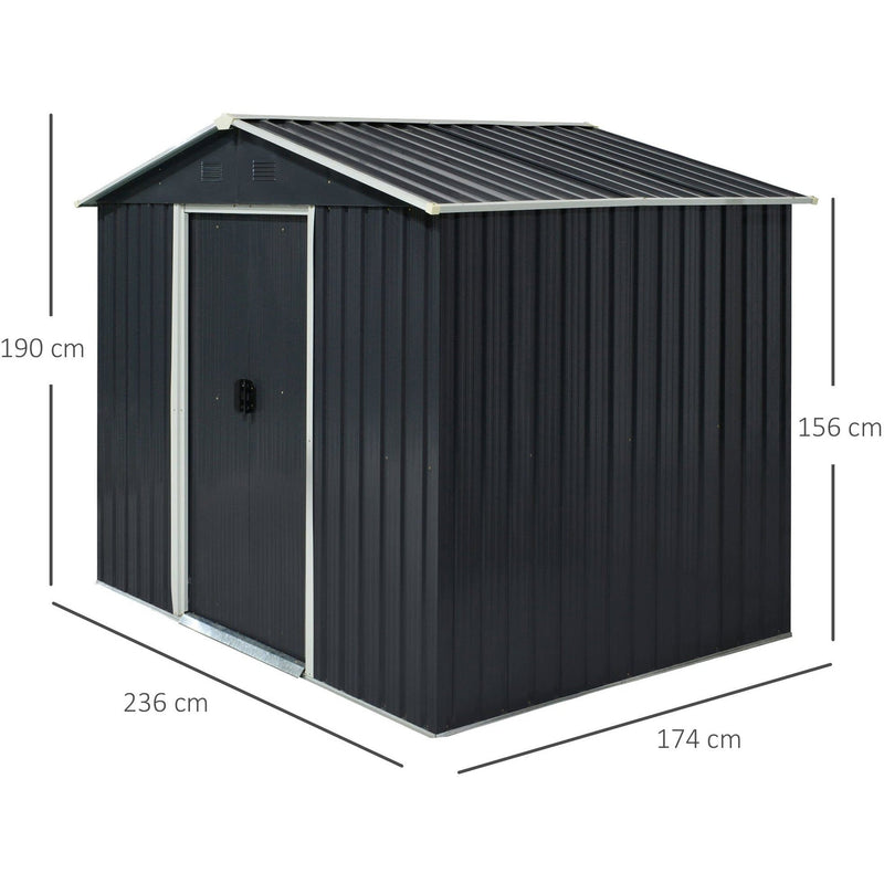 Dimension diagram of the dark grey shed marked 236cm wide, 174cm deep, 190cm high and 156cm at the eaves