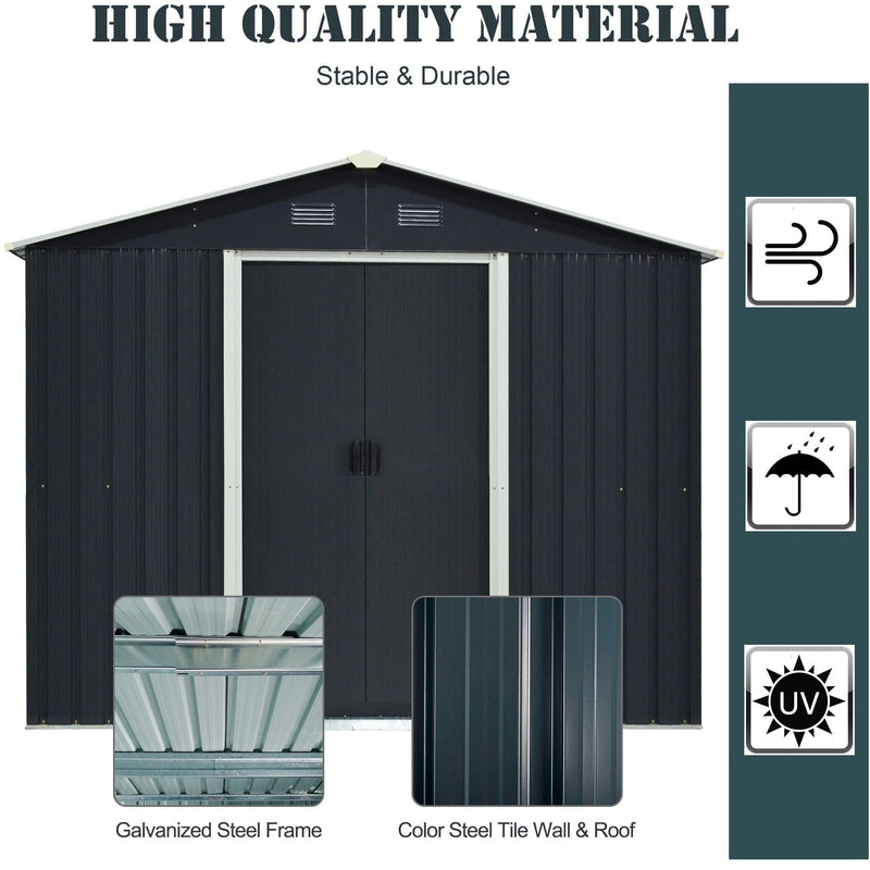 Dark grey shed front view with galvanised steel frame and steel wall close-ups beside wind, rain and UV icons