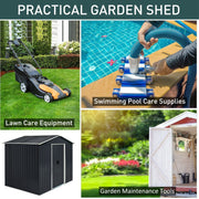 Storage ideas for the dark grey garden shed shown as a lawn mower, pool cleaning kit and garden tools