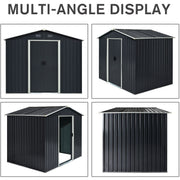 Four studio angles of the dark grey metal shed showing the front, an open doorway, the side and the rear
