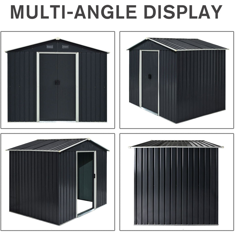 Four studio angles of the dark grey metal shed showing the front, an open doorway, the side and the rear