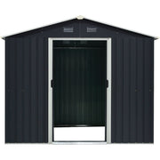Dark grey shed photographed head on with both sliding doors pushed open to show the empty interior