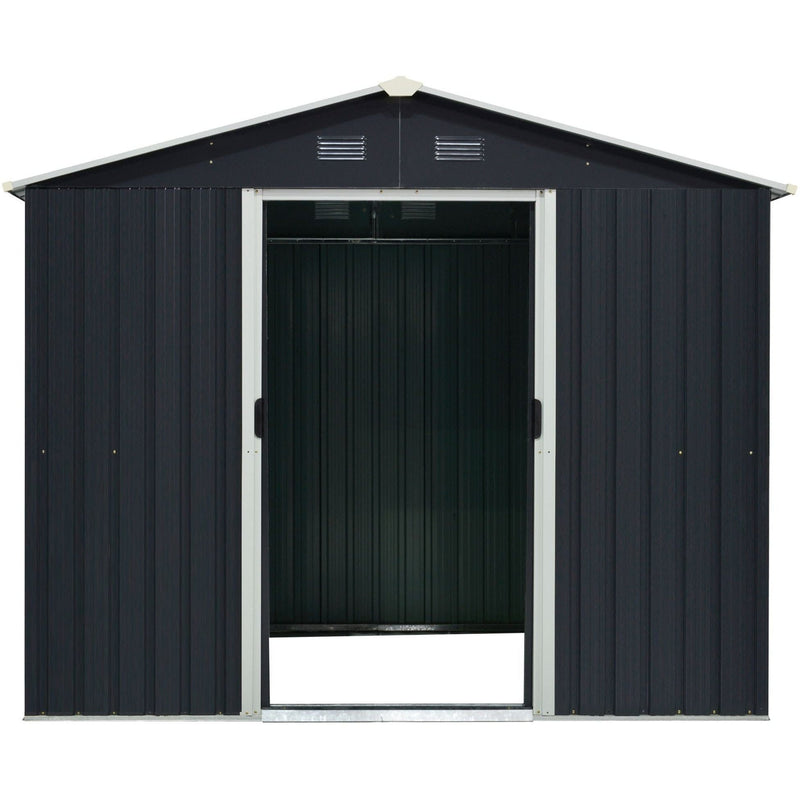 Dark grey shed photographed head on with both sliding doors pushed open to show the empty interior