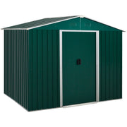 Studio three-quarter view of the green metal garden shed with its sliding doors closed