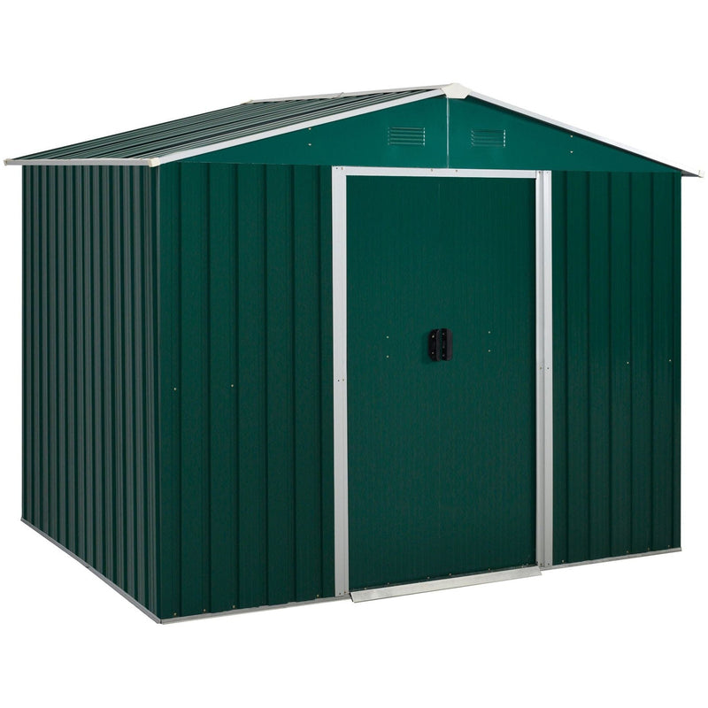 Studio three-quarter view of the green metal garden shed with its sliding doors closed