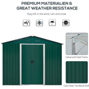 Green shed front elevation with wind, snow, rain and UV icons above galvanised frame and wall panel close-ups