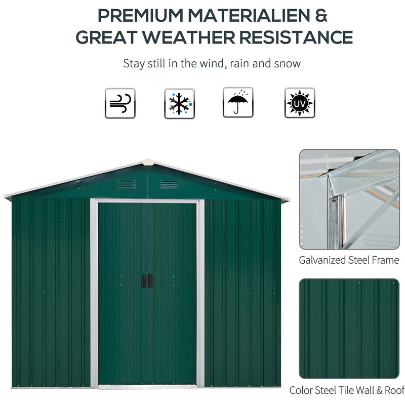 Green shed front elevation with wind, snow, rain and UV icons above galvanised frame and wall panel close-ups