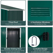 Green shed feature panel showing the sloped roof, louvre vents, open double sliding doors and padlock hasp