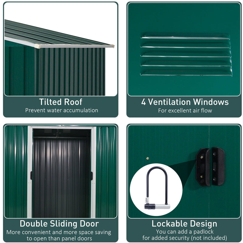 Green shed feature panel showing the sloped roof, louvre vents, open double sliding doors and padlock hasp