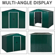 Multi-angle studio display of the green metal shed from four sides, one with the sliding door open