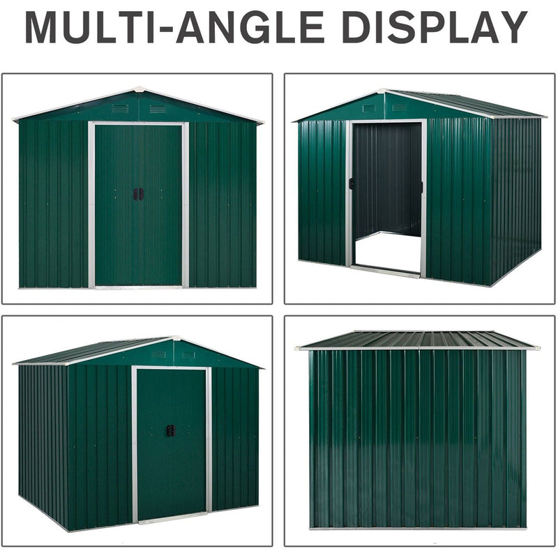 Multi-angle studio display of the green metal shed from four sides, one with the sliding door open